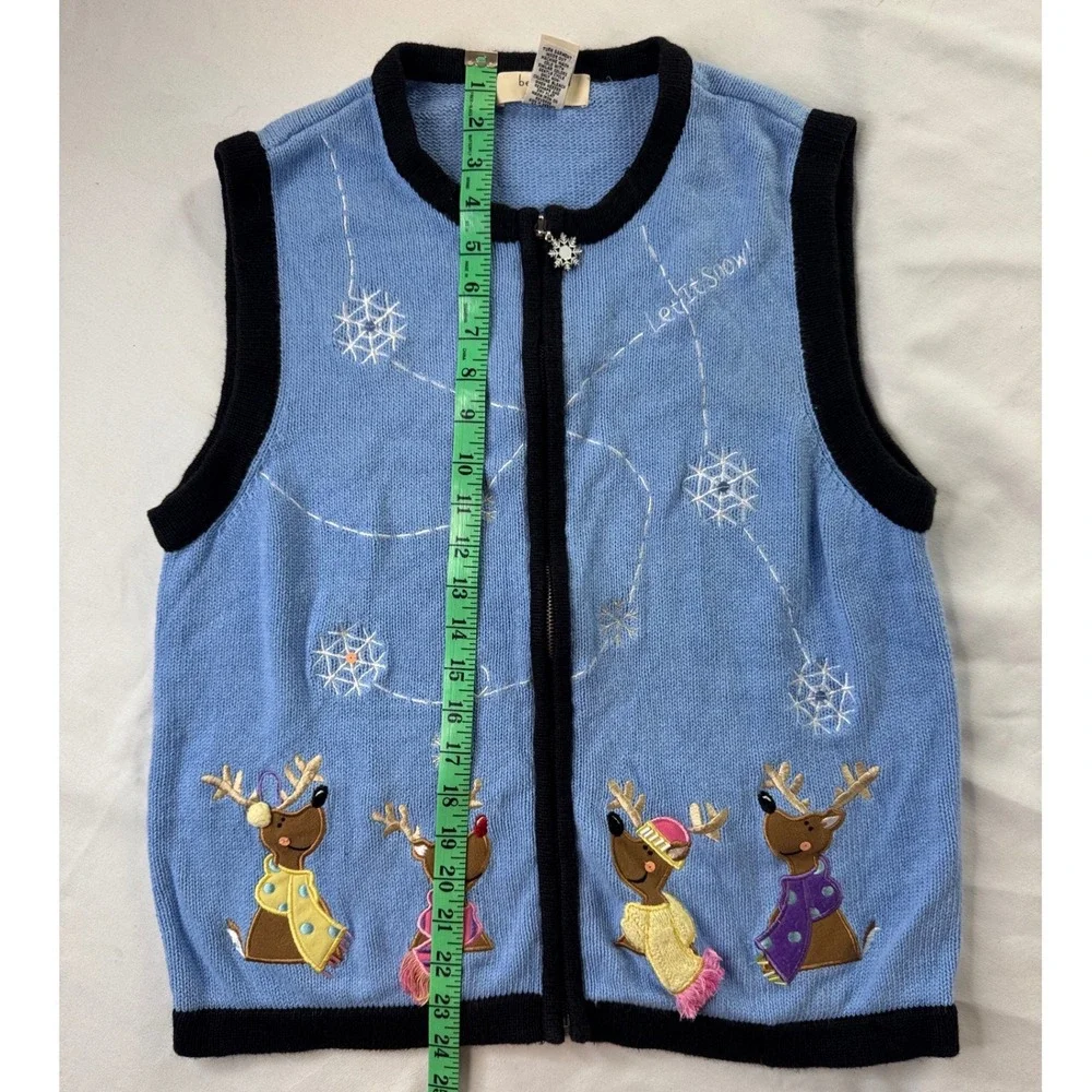 Bechamel Christmas Reindeer Snowflake Zip Up Sweater Vest Blue Womens Large vtg